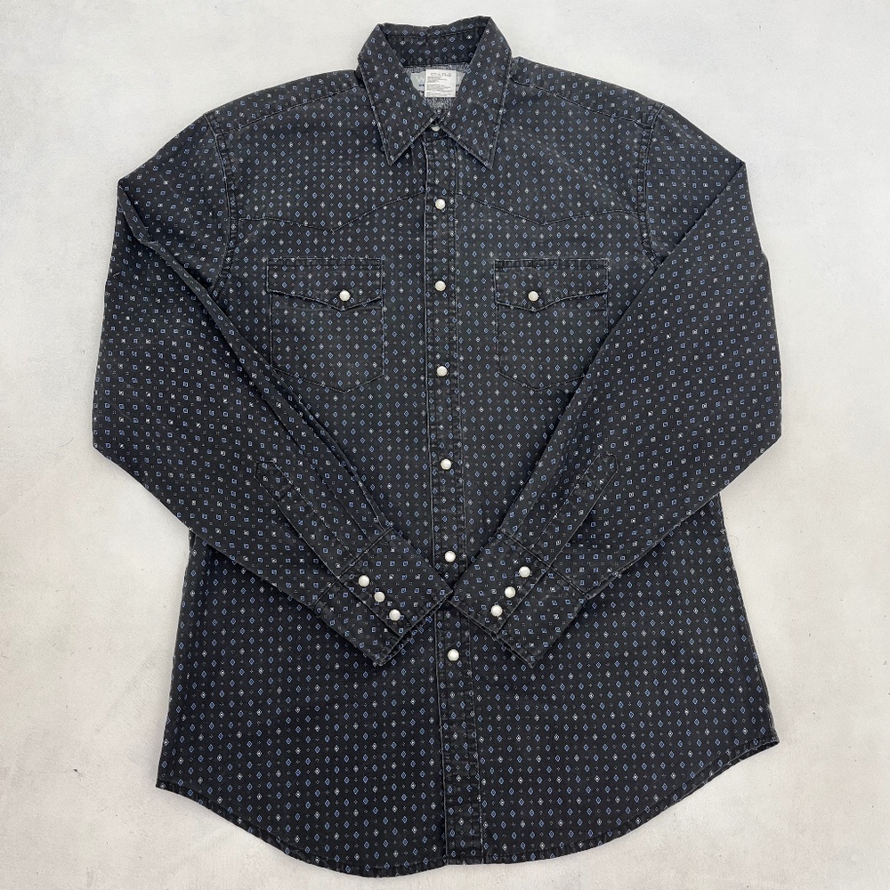 Wrangler Wrancher Mens M Button Up Western Shirt‎ Black Blue Diamond Print Snap